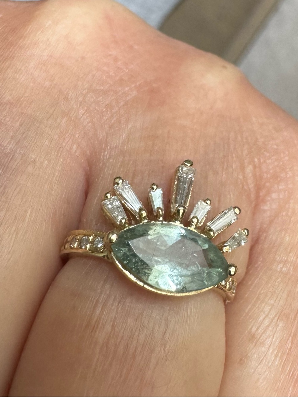 14k Yellow Gold Jacquie Aiche Eyelash Ring Aqua Marquise Tourmaline Diamonds